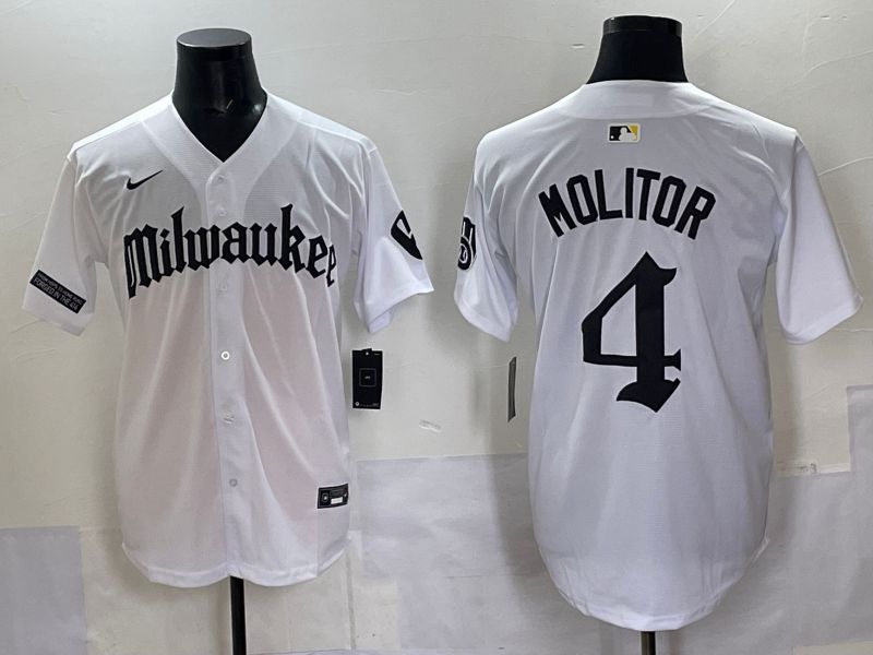 Men 2025 Milwaukee Brewers #4 Molitor White Five generations Joint Name Nike MLB Jersey style 3